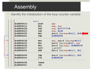 Assembly
• Identify the initialization of the loop counter variable
 