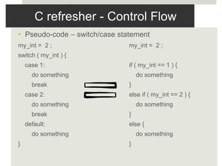 C refresher - Control Flow
• Pseudo-code – switch/case statement
my_int = 2 ; my_int = 2 ;
switch ( my_int ) {
case 1: if ( my_int == 1 ) {
do something do something
break }
case 2: else if ( my_int == 2 ) {
do something do something
break }
default: else {
do something do something
} }
 