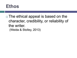 Includes credible sources, accurate
opposition, common ground
between the writer and the
audience.
Example:
Givenchy
Macintosh
© Givenchy Paris
 