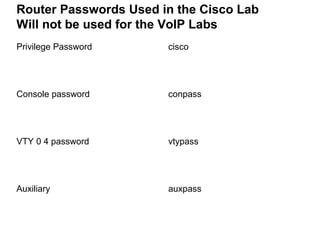 Router Passwords Used in the Cisco Lab
Will not be used for the VoIP Labs
Privilege Password     cisco




Console password       conpass




VTY 0 4 password       vtypass




Auxiliary              auxpass
 