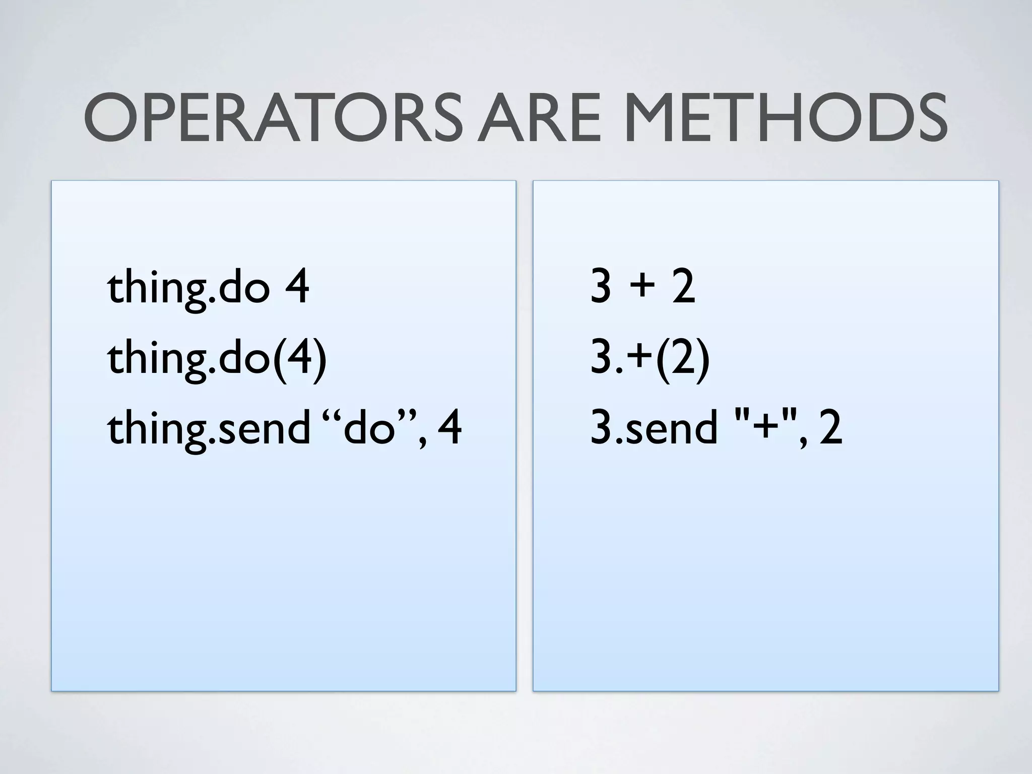 OPERATORS ARE METHODS

thing.do 4           3+2
thing.do(4)          3.+(2)
thing.send “do”, 4   3.send "+", 2
 
