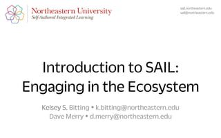 Introduction to SAIL:
Engaging in the Ecosystem
Kelsey S. Bitting ! k.bitting@northeastern.edu
Dave Merry ! d.merry@northeastern.edu
sail.northeastern.edu
sail@northeastern.edu
 