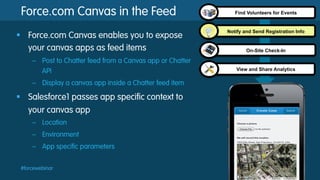 Force.com Canvas in the Feed
§  Force.com Canvas enables you to expose
your canvas apps as feed items
–  Post to Chatter feed from a Canvas app or Chatter
API
–  Display a canvas app inside a Chatter feed item

§  Salesforce1 passes app specific context to
your canvas app
–  Location
–  Environment
–  App specific parameters
#forcewebinar

Find Volunteers for Events

Notify and Send Registration Info

On-Site Check-In

View and Share Analytics

 