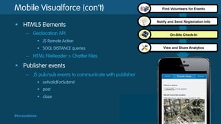 Mobile Visualforce (con’t)
§  HTML5 Elements
–  Geolocation API

Find Volunteers for Events

Notify and Send Registration Info

On-Site Check-In

•  JS Remote Action
•  SOQL DISTANCE queries

–  HTML FileReader > Chatter Files

§  Publisher events
–  JS pub/sub events to communicate with publisher
•  setValidForSubmit
•  post
•  close

#forcewebinar

View and Share Analytics

 