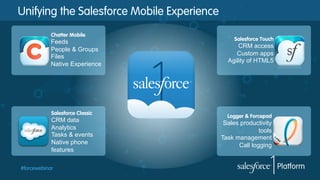 Unifying the Salesforce Mobile Experience
Chatter Mobile

Feeds
People & Groups
Files
Native Experience

Salesforce Classic

CRM data
Analytics
Tasks & events
Native phone
features
#forcewebinar

Salesforce Touch

CRM access
Custom apps
Agility of HTML5

Logger & Forcepad

Sales productivity
tools
Task management
Call logging

 