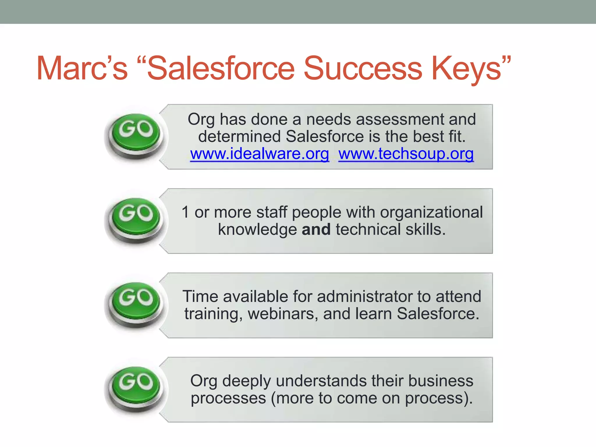 Marc’s “Salesforce Success Keys”
Org has done a needs assessment and
determined Salesforce is the best fit.
www.idealware.org www.techsoup.org
1 or more staff people with organizational
knowledge and technical skills.
Time available for administrator to attend
training, webinars, and learn Salesforce.
Org deeply understands their business
processes (more to come on process).
 