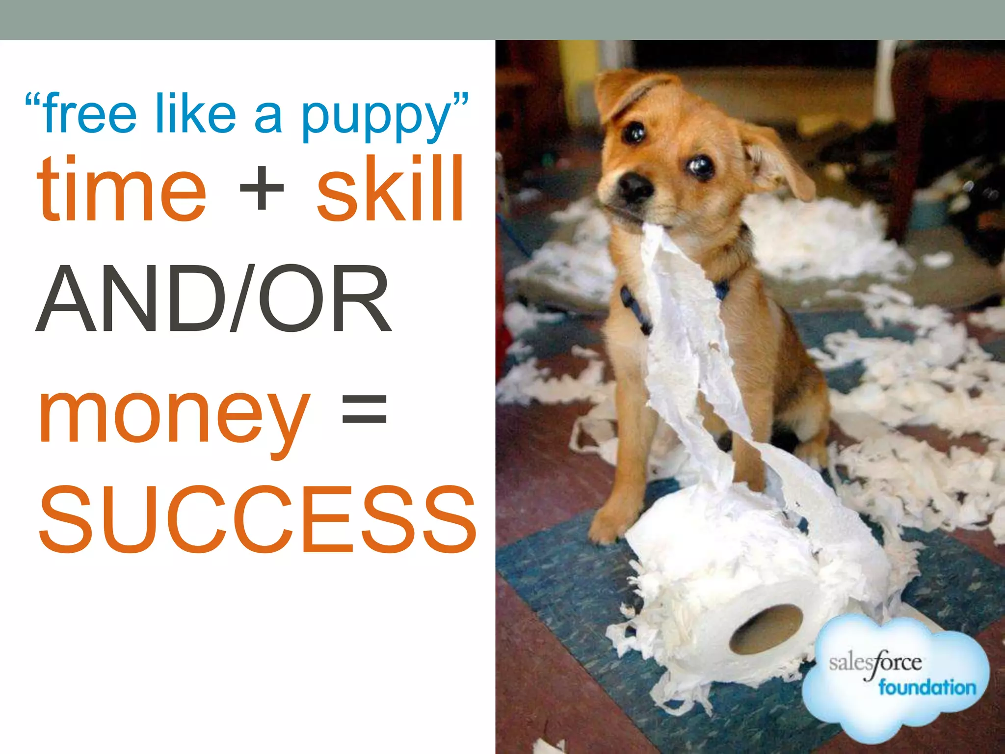 “free like a puppy”
time + skill
AND/OR
money =
SUCCESS
 