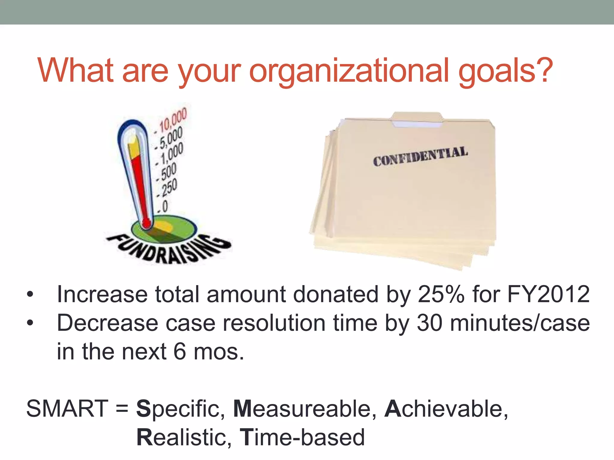 What are your organizational goals?
• Increase total amount donated by 25% for FY2012
• Decrease case resolution time by 30 minutes/case
in the next 6 mos.
SMART = Specific, Measureable, Achievable,
Realistic, Time-based
 