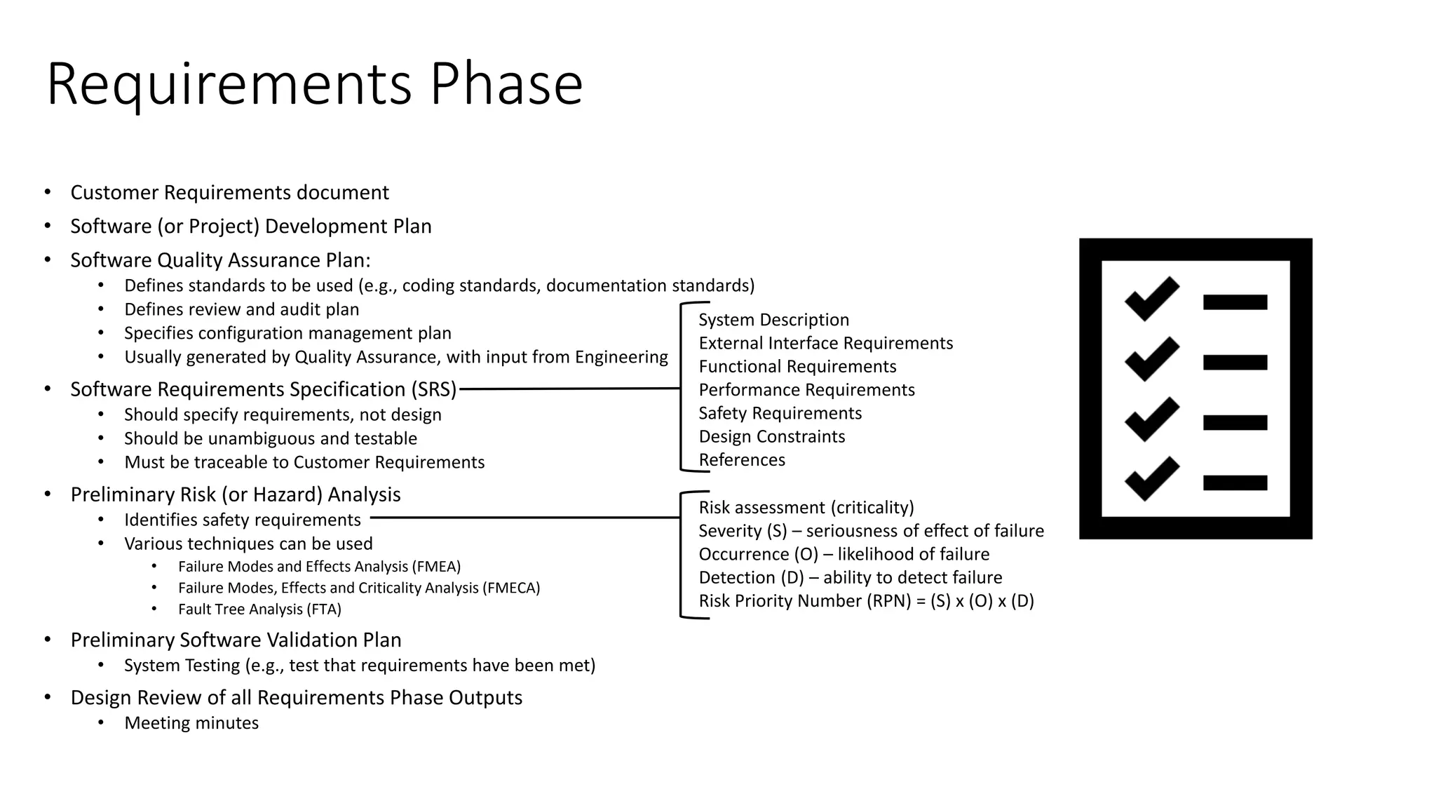 Requirements Phase
• Customer Requirements document
• Software (or Project) Development Plan
• Software Quality Assurance Plan:
• Defines standards to be used (e.g., coding standards, documentation standards)
• Defines review and audit plan
• Specifies configuration management plan
• Usually generated by Quality Assurance, with input from Engineering
• Software Requirements Specification (SRS)
• Should specify requirements, not design
• Should be unambiguous and testable
• Must be traceable to Customer Requirements
• Preliminary Risk (or Hazard) Analysis
• Identifies safety requirements
• Various techniques can be used
• Failure Modes and Effects Analysis (FMEA)
• Failure Modes, Effects and Criticality Analysis (FMECA)
• Fault Tree Analysis (FTA)
• Preliminary Software Validation Plan
• System Testing (e.g., test that requirements have been met)
• Design Review of all Requirements Phase Outputs
• Meeting minutes
System Description
External Interface Requirements
Functional Requirements
Performance Requirements
Safety Requirements
Design Constraints
References
Risk assessment (criticality)
Severity (S) – seriousness of effect of failure
Occurrence (O) – likelihood of failure
Detection (D) – ability to detect failure
Risk Priority Number (RPN) = (S) x (O) x (D)
 