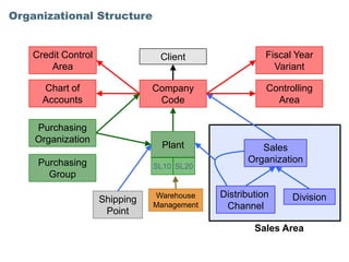 Organizational Structure


    Credit Control               Client                 Fiscal Year
        Area                                              Variant

      Chart of                  Company                 Controlling
      Accounts                   Code                     Area

    Purchasing
    Organization
                                 Plant                Sales
     Purchasing                                    Organization
                                SL10 SL20
       Group

                                Warehouse    Distribution     Division
                     Shipping
                                Management    Channel
                      Point
                                                     Sales Area
 