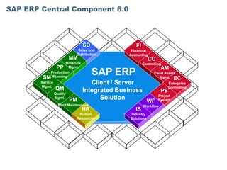 SAP ERP Central Component 6.0




                                SD               FI
                              Sales and        Financial
                             Distribution     Accounting
                         MM                               CO
                   Materials                          Controlling
              PP Mgmt.                                           AM
           Production
         SM Planning
                                       SAP ERP              Fixed Assets
                                                               Mgmt. EC
        Service                 Client / Server           Enterprise
        Mgmt.                                            Controlling
                   QM        Integrated Business     PS
                  Quality
                                                    Project
                  Mgmt.
                          PM       Solution      WF System
                   Plant Maintenance                  Workflow
                                HR               IS
                              Human           Industry
                             Resources        Solutions
 