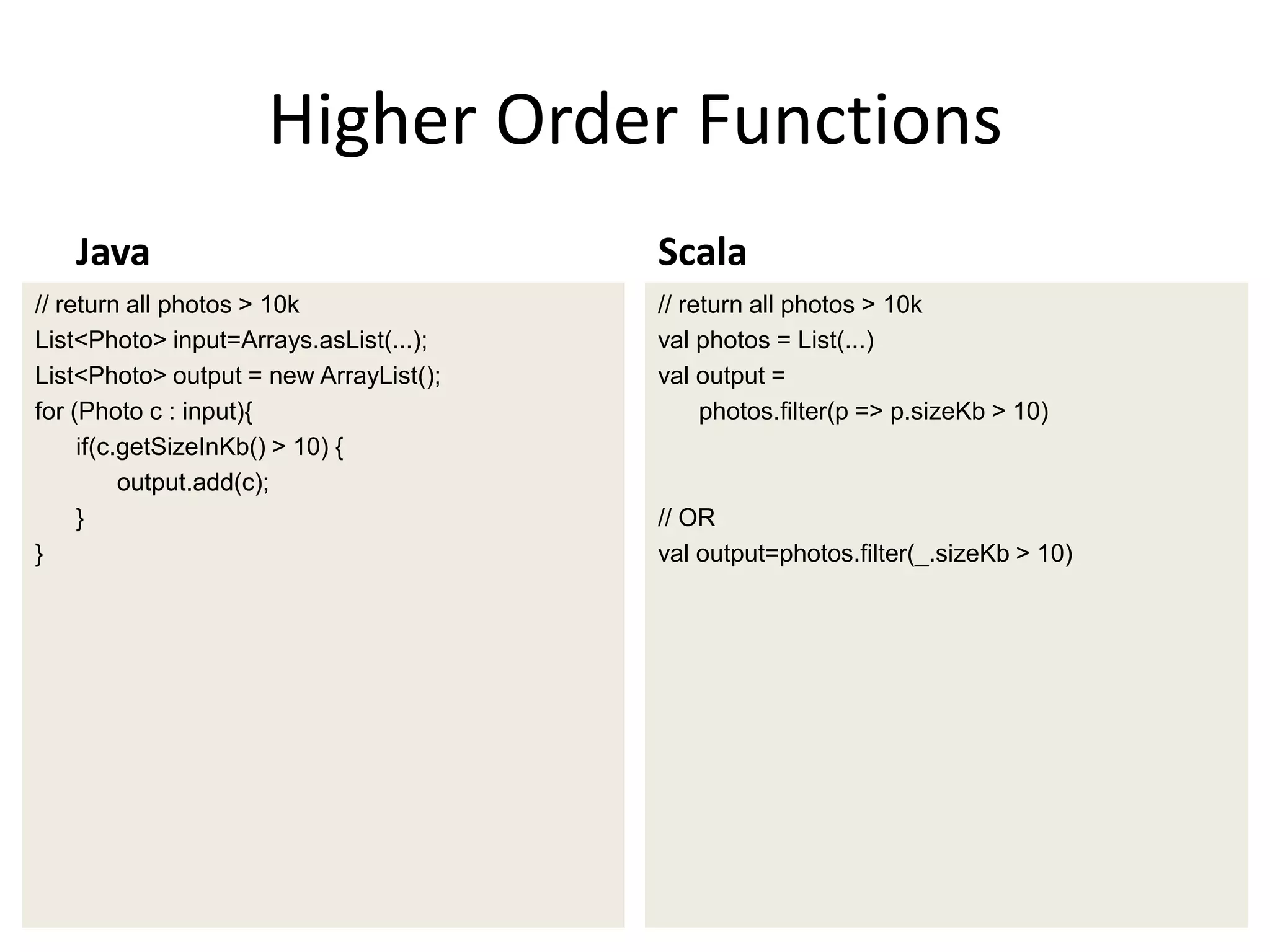 Higher Order Functions
   Java                                 Scala
// return all photos > 10k              // return all photos > 10k
List<Photo> input=Arrays.asList(...);   val photos = List(...)
List<Photo> output = new ArrayList();   val output =
for (Photo c : input){                       photos.filter(p => p.sizeKb > 10)
     if(c.getSizeInKb() > 10) {
          output.add(c);
     }                                  // OR
}                                       val output=photos.filter(_.sizeKb > 10)
 