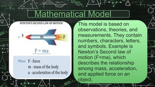 Mathematical Model
This model is based on
observations, theories, and
measurements. They contain
numbers, characters, letters,
and symbols. Example is
Newton’s Second law of
motion (F=ma), which
describes the relationship
among mass, acceleration,
and applied force on an
object.
 
