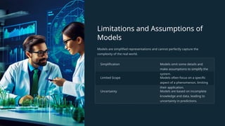 Limitations and Assumptions of
Models
Models are simplified representations and cannot perfectly capture the
complexity of the real world.
Simplification Models omit some details and
make assumptions to simplify the
system.
Limited Scope Models often focus on a specific
aspect of a phenomenon, limiting
their application.
Uncertainty Models are based on incomplete
knowledge and data, leading to
uncertainty in predictions.
 