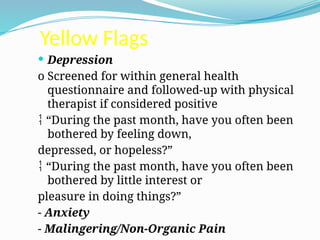 Yellow Flags
 Depression
o Screened for within general health
questionnaire and followed-up with physical
therapist if considered positive
“
 During the past month, have you often been
bothered by feeling down,
depressed, or hopeless?”
“
 During the past month, have you often been
bothered by little interest or
pleasure in doing things?”
- Anxiety
- Malingering/Non-Organic Pain
 