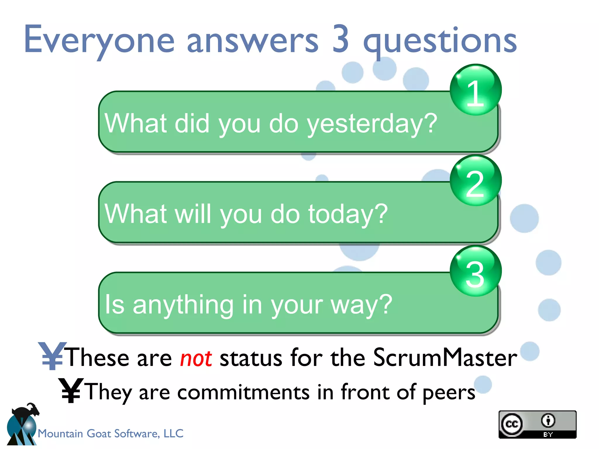 Everyone answers 3 questions These are  not  status for the ScrumMaster They are commitments in front of peers What did you do yesterday? 1 What will you do today? 2 Is anything in your way? 3 