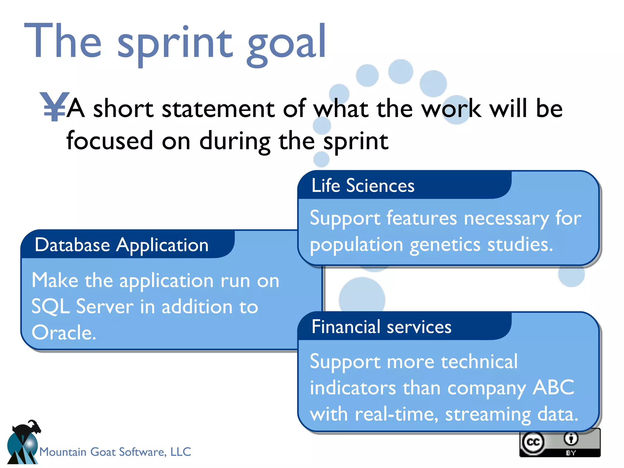 The sprint goal A short statement of what the work will be focused on during the sprint Database Application Financial services Life Sciences Support features necessary for population genetics studies. Support more technical indicators than company ABC with real-time, streaming data. Make the application run on SQL Server in addition to Oracle. 