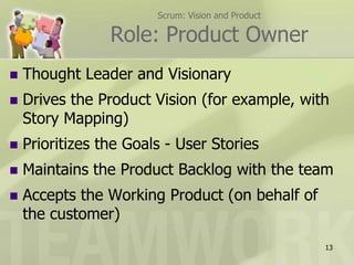 Scrum: Vision and ProductRole: Product OwnerThought Leader and VisionaryDrives the Product Vision (for example, with Story Mapping)Prioritizes the Goals - User Stories Maintains the Product Backlog with the teamAccepts the Working Product (on behalf of the customer)13