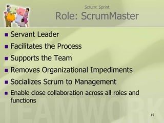 Scrum: SprintRole: ScrumMasterServant LeaderFacilitates the ProcessSupports the TeamRemoves Organizational ImpedimentsSocializes Scrum to ManagementEnable close collaboration across all roles and functions15