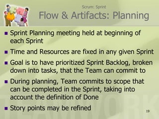 Scrum: SprintFlow & Artifacts: PlanningSprint Planning meeting held at beginning of each SprintTime and Resources are fixed in any given Sprint Goal is to have prioritized Sprint Backlog, broken down into tasks, that the Team can commit toDuring planning, Team commits to scope that can be completed in the Sprint, taking into account the definition of DoneStory points may be refined19