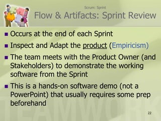Scrum: SprintFlow & Artifacts: Sprint ReviewOccurs at the end of each SprintInspect and Adapt the product (Empiricism)The team meets with the Product Owner (and Stakeholders) to demonstrate the working software from the SprintThis is a hands-on software demo (not a PowerPoint) that usually requires some prep beforehand22