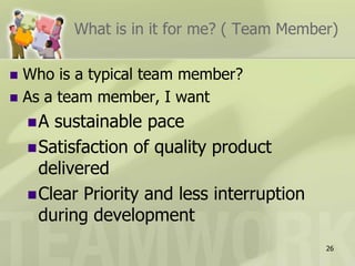 What is in it for me? ( Team Member)Who is a typical team member?As a team member, I wantA sustainable paceSatisfaction of quality product deliveredClear Priority and less interruption during development26