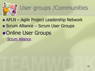 User groups /CommunitiesAPLN – Agile Project Leadership NetworkScrum Alliance – Scrum User GroupsOnline User GroupsScrum Alliance29