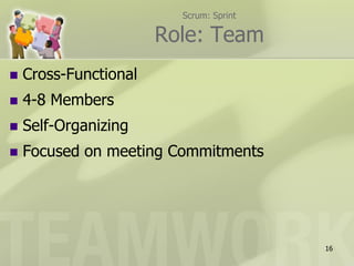 Scrum: Sprint

                       Role: Team
   Cross-Functional
   4-8 Members
   Self-Organizing
   Focused on meeting Commitments




                                         16
 
