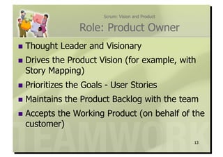 Scrum: Vision and Product


                    Role: Product Owner
  Thought   Leader and Visionary
  Drivesthe Product Vision (for example, with
  Story Mapping)
  Prioritizes   the Goals - User Stories
  Maintains     the Product Backlog with the team
  Accepts
         the Working Product (on behalf of the
  customer)
                                                       13
 