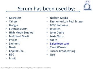 Scrum has been used by:
• Microsoft
• Yahoo
• Google
• Electronic Arts
• High Moon Studios
• Lockheed Martin
• Philips
• Siemens
• Nokia
• Capital One
• BBC
• Intuit
• Nielsen Media
• First American Real Estate
• BMC Software
• Ipswitch
• John Deere
• Lexis Nexis
• Sabre
• Salesforce.com
• Time Warner
• Turner Broadcasting
• Oce
Source: https://www.mountaingoatsoftware.com/agile/scrum/a-reusable-scrum-presentation
 