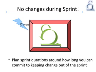 No changes during Sprint!
• Plan sprint durations around how long you can
commit to keeping change out of the sprint
Change
 