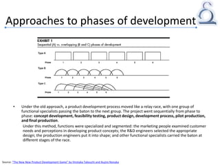Approaches to phases of development
• Under the old approach, a product development process moved like a relay race, with one group of
functional specialists passing the baton to the next group. The project went sequentially from phase to
phase: concept development, feasibility testing, product design, development process, pilot production,
and final production.
Under this method, functions were specialized and segmented: the marketing people examined customer
needs and perceptions in developing product concepts; the R&D engineers selected the appropriate
design; the production engineers put it into shape; and other functional specialists carried the baton at
different stages of the race.
Source: “The New New Product Development Game” by Hirotaka Takeuchi and Ikujiro Nonaka
 