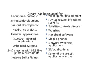 Scrum has been used for:
Commercial software
In-house development
Contract development
Fixed-price projects
Financial applications
ISO 9001-certified
applications
Embedded systems
24x7 systems with 99.999%
uptime requirements
the Joint Strike Fighter
• Video game development
• FDA-approved, life-critical
systems
• Satellite-control software
• Websites
• Handheld software
• Mobile phones
• Network switching
applications
• ISV applications
• Some of the largest
applications in use
 