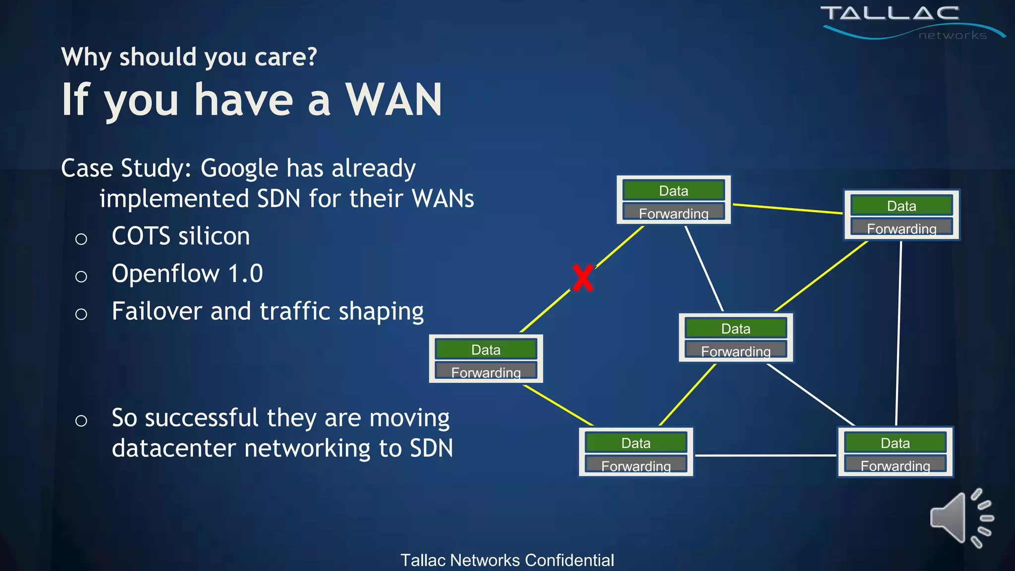 Why should you care?
If you have a WAN
Case Study: Google has already
   implemented SDN for their WANs                                Data
                                                            Forwarding
                                                                                        Data

 o COTS silicon                                                                      Forwarding


 o Openflow 1.0
 o Failover and traffic shaping
                                                                          Data
                                    Data                                Forwarding
                                 Forwarding


 o So successful they are moving
   datacenter networking to SDN                           Data                         Data
                                                     Forwarding                      Forwarding




                           Tallac Networks Confidential
 