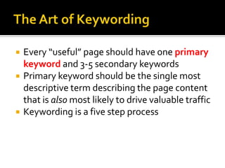 Keyword Relevance	Good keywords describe the page content accurately and unambiguouslyGreat keywords describe the page content in exactly the same way that a typical searcher would