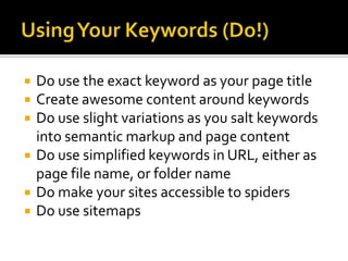 Zero InMatch the type of keyword to the page levelBranding keyword for the home page:Laptop Bags to GoProduct group keywords for category pages:Leather shoulder bagsProduct name keyword for product pages:Bessie & Sons 14” leather shoulder bag (Brown)