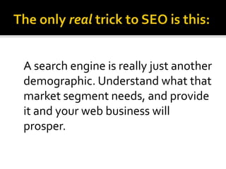 Using Your Keywords (Do!)Do use the exact keyword as your page titleCreate awesome content around keywordsDo use slight variations as you salt keywords into semantic markup and page contentDo use simplified keywords in URL, either as page file name, or folder nameDo make your sites accessible to spidersDo use sitemaps