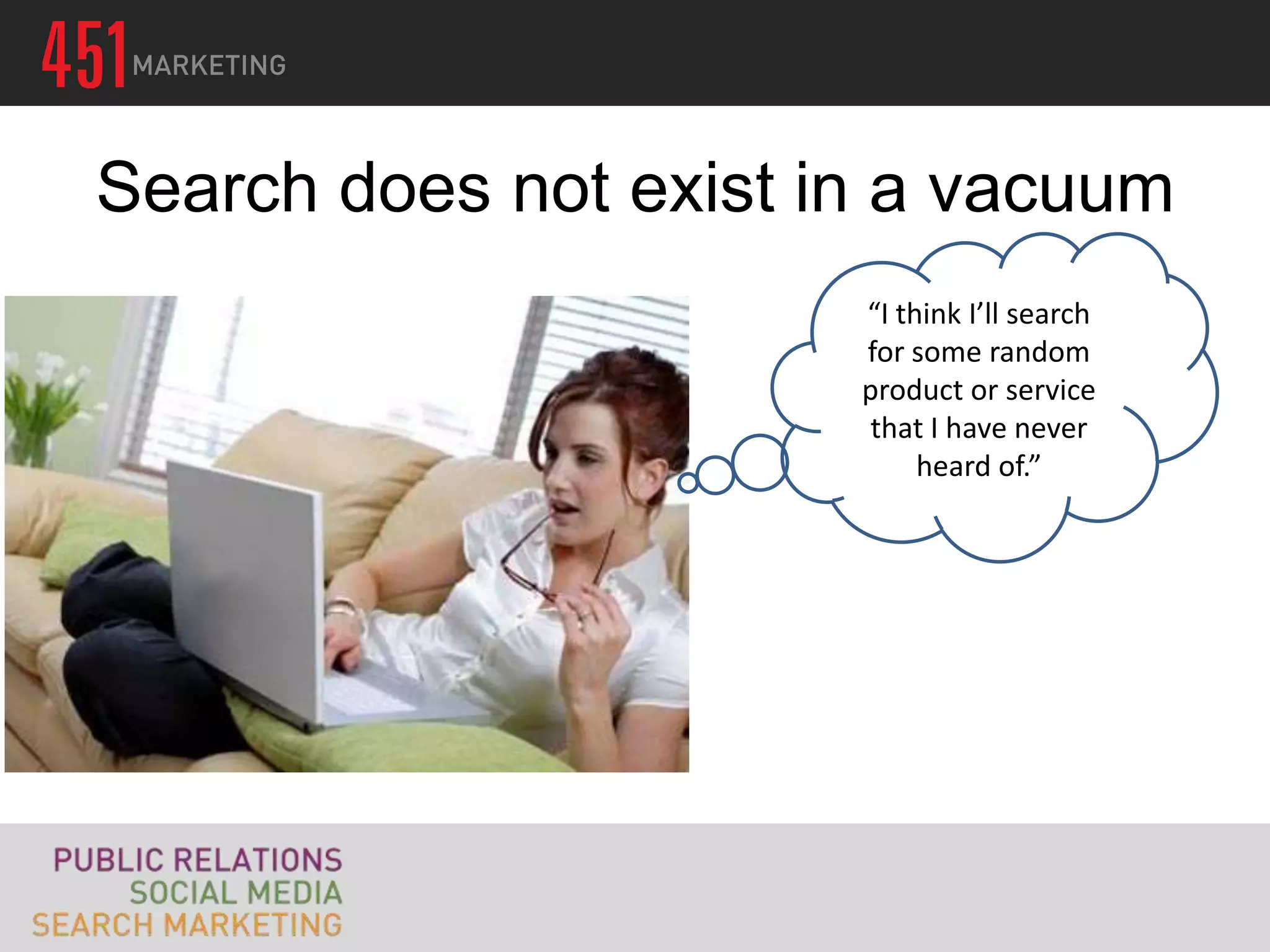 Search does not exist in a vacuum
                       “I think I’ll search
                       for some random
                       product or service
                        that I have never
                            heard of.”
 