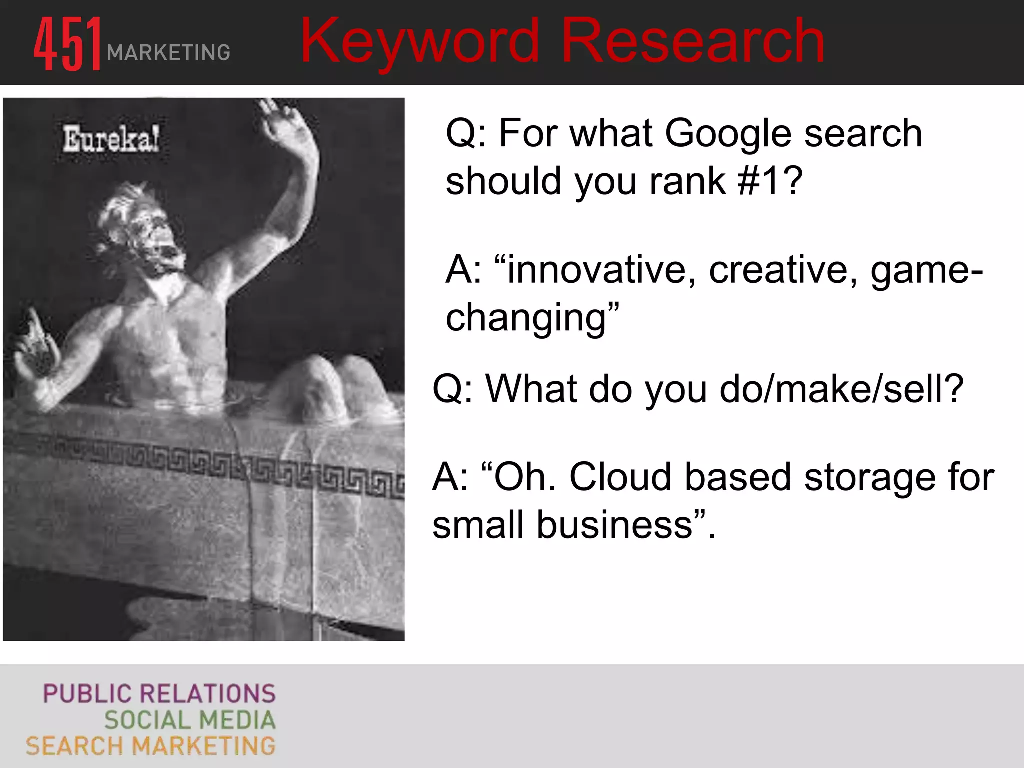 Keyword Research
    Q: For what Google search
    should you rank #1?

    A: “innovative, creative, game-
    changing”
    Q: What do you do/make/sell?

    A: “Oh. Cloud based storage for
    small business”.
 