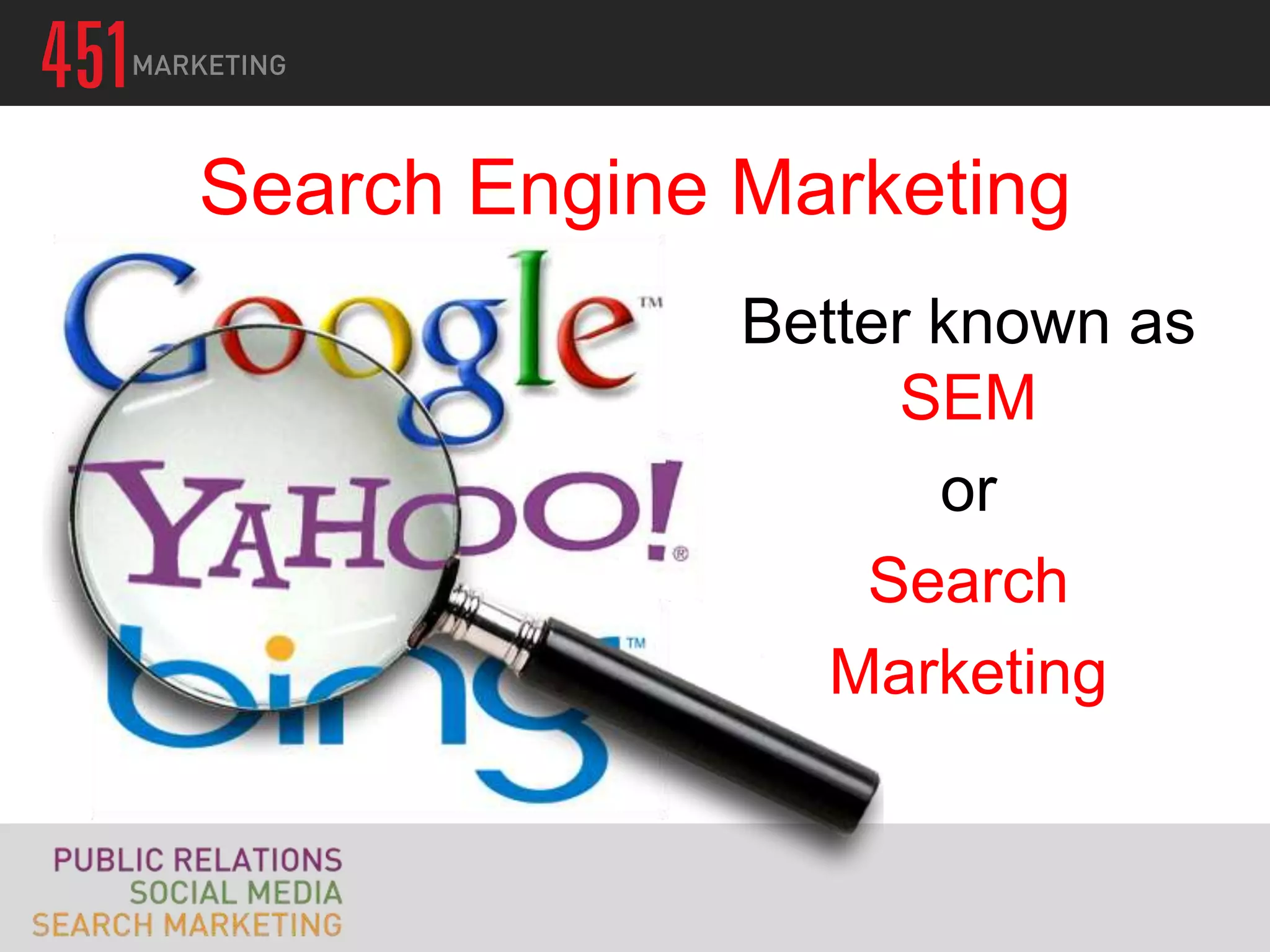 Search Engine Marketing
              Better known as
                   SEM
                     or
                  Search
                 Marketing
 