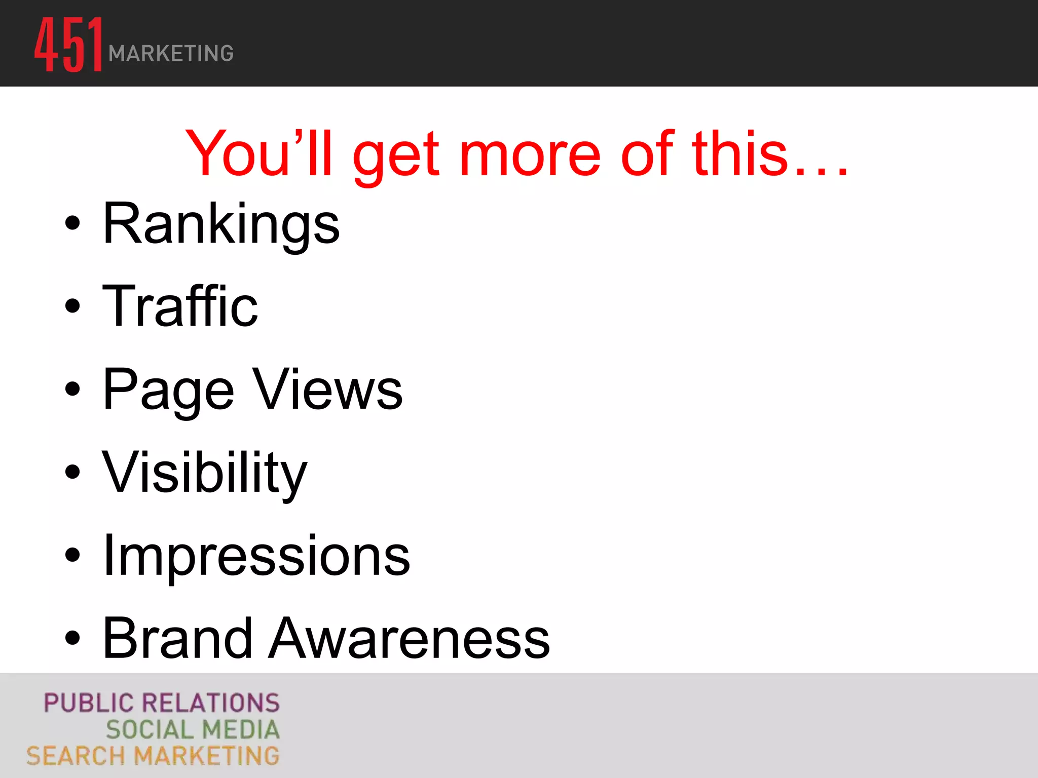 You’ll get more of this…
•   Rankings
•   Traffic
•   Page Views
•   Visibility
•   Impressions
•   Brand Awareness
 