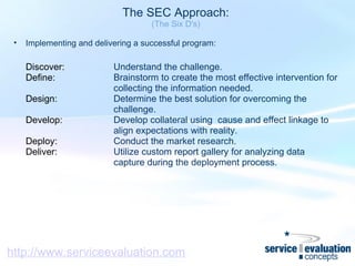 http://www.serviceevaluation.com The SEC Approach: (The Six D's)   Implementing and delivering a successful program:   Discover: Define:   Design:   Develop:   Deploy: Deliver:   Understand the challenge. Brainstorm to create the most effective intervention for collecting the information needed. Determine the best solution for overcoming the challenge. Develop collateral using  cause and effect linkage to align expectations with reality. Conduct the market research. Utilize custom report gallery for analyzing data capture during the deployment process. 
