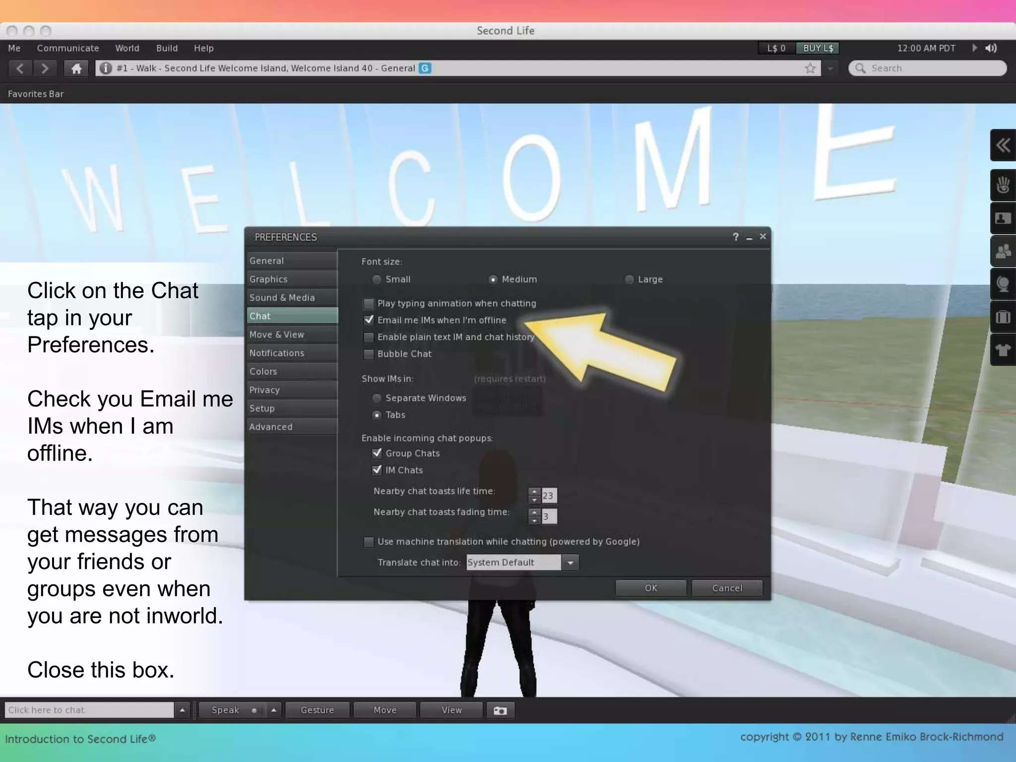 Click on the Chat tap in your Preferences.Check you Email me IMs when I am offline.That way you can get messages from your friends or groups even when you are not inworld.Close this box.