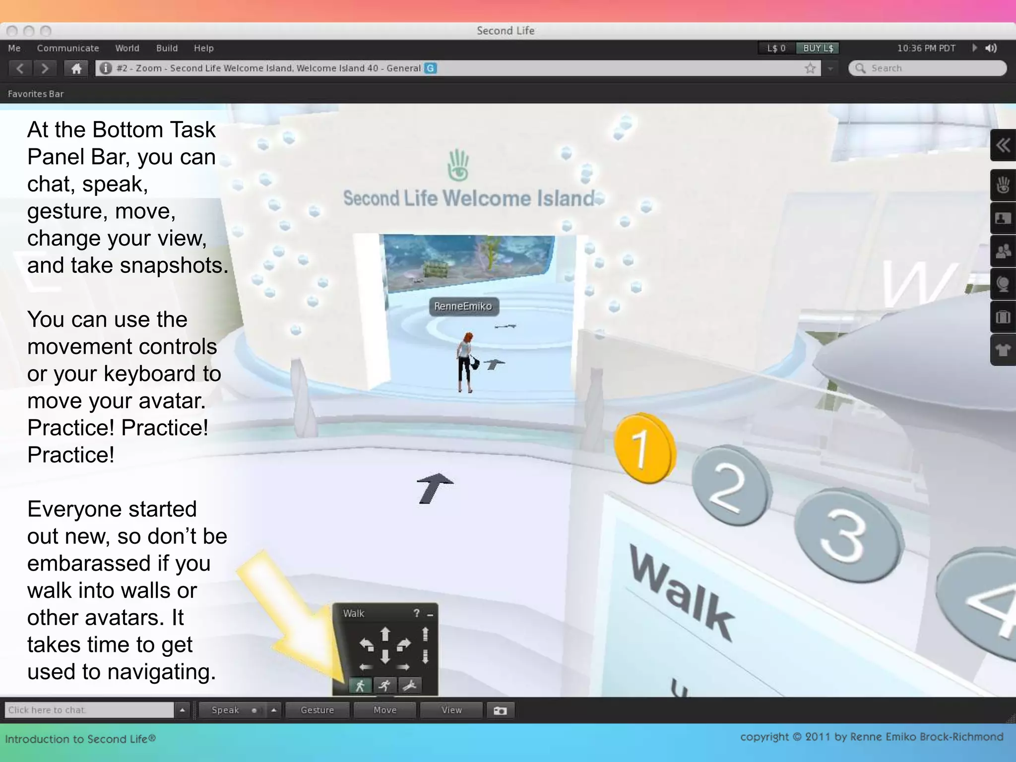 At the Bottom Task Panel Bar, you can chat, speak, gesture, move, change your view, and take snapshots.You can use the movement controls or your keyboard to move your avatar. Practice! Practice! Practice! Everyone started out new, so don’t be embarassed if you walk into walls or other avatars. It takes time to get used to navigating. 