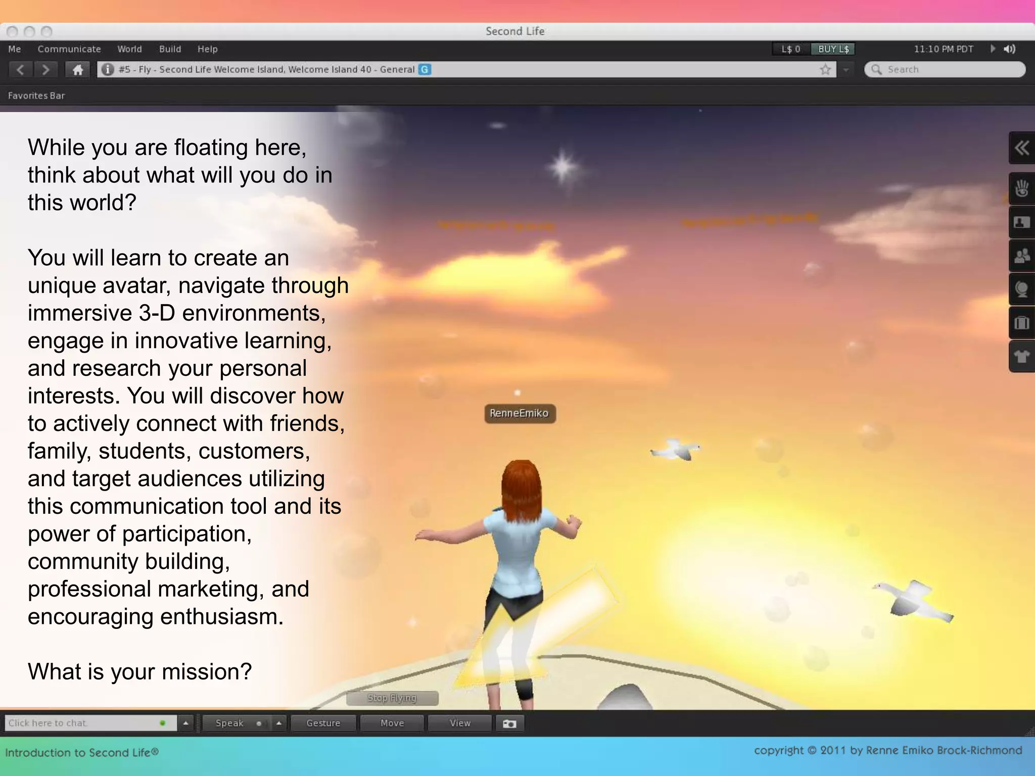 While you are floating here, think about what will you do in this world?You will learn to create an unique avatar, navigate through immersive 3-D environments, engage in innovative learning, and research your personal interests. You will discover how to actively connect with friends, family, students, customers, and target audiences utilizing this communication tool and its power of participation, community building, professional marketing, and encouraging enthusiasm.What is your mission? 