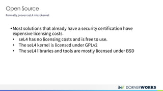 Open Source
Formally proven seL4 microkernel
•Most solutions that already have a security certification have
expensive licensing costs
• seL4 has no licensing costs and is free to use.
• The seL4 kernel is licensed under GPLv2
• The seL4 libraries and tools are mostly licensed under BSD
 