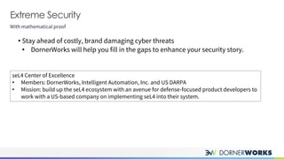 Extreme Security
With mathematical proof
• Stay ahead of costly, brand damaging cyber threats
• DornerWorks will help you fill in the gaps to enhance your security story.
seL4 Center of Excellence
• Members: DornerWorks, Intelligent Automation, Inc. and US DARPA
• Mission: build up the seL4 ecosystem with an avenue for defense-focused product developers to
work with a US-based company on implementing seL4 into their system.
 