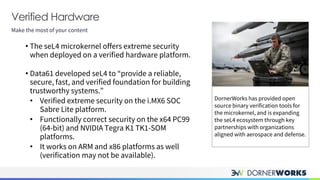 Verified Hardware
Make the most of your content
• The seL4 microkernel offers extreme security
when deployed on a verified hardware platform.
• Data61 developed seL4 to “provide a reliable,
secure, fast, and verified foundation for building
trustworthy systems.”
• Verified extreme security on the i.MX6 SOC
Sabre Lite platform.
• Functionally correct security on the x64 PC99
(64-bit) and NVIDIA Tegra K1 TK1-SOM
platforms.
• It works on ARM and x86 platforms as well
(verification may not be available).
DornerWorks has provided open
source binary verification tools for
the microkernel, and is expanding
the seL4 ecosystem through key
partnerships with organizations
aligned with aerospace and defense.
 