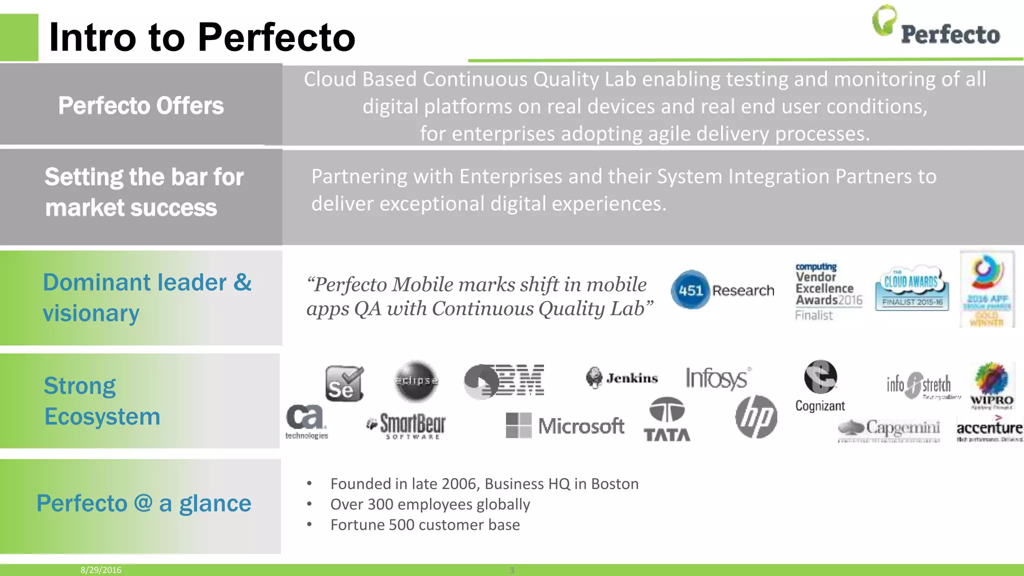 Intro to Perfecto
Dominant leader &
visionary
Strong
Ecosystem
Perfecto @ a glance
Partnering with Enterprises and their System Integration Partners to
deliver exceptional digital experiences.
“Perfecto Mobile marks shift in mobile
apps QA with Continuous Quality Lab”
3
Setting the bar for
market success
• Founded in late 2006, Business HQ in Boston
• Over 300 employees globally
• Fortune 500 customer base
8/29/2016
Cloud Based Continuous Quality Lab enabling testing and monitoring of all
digital platforms on real devices and real end user conditions,
for enterprises adopting agile delivery processes.
Perfecto Offers
 