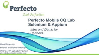 Perfecto Mobile CQ Lab
Selenium & Appium
Intro and Demo for
Partners
David Broerman
Partner Enablement Manager
Phone: 727. 225.2826 / Email:
davidb@perfectomobile.com
 